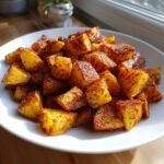 A close-up of perfectly roasted, golden-brown Mexican Potatoes seasoned with spices, served on a white plate.