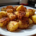 Close-up of perfectly roasted, crispy Mexican Potatoes seasoned with spices, served on a white plate.