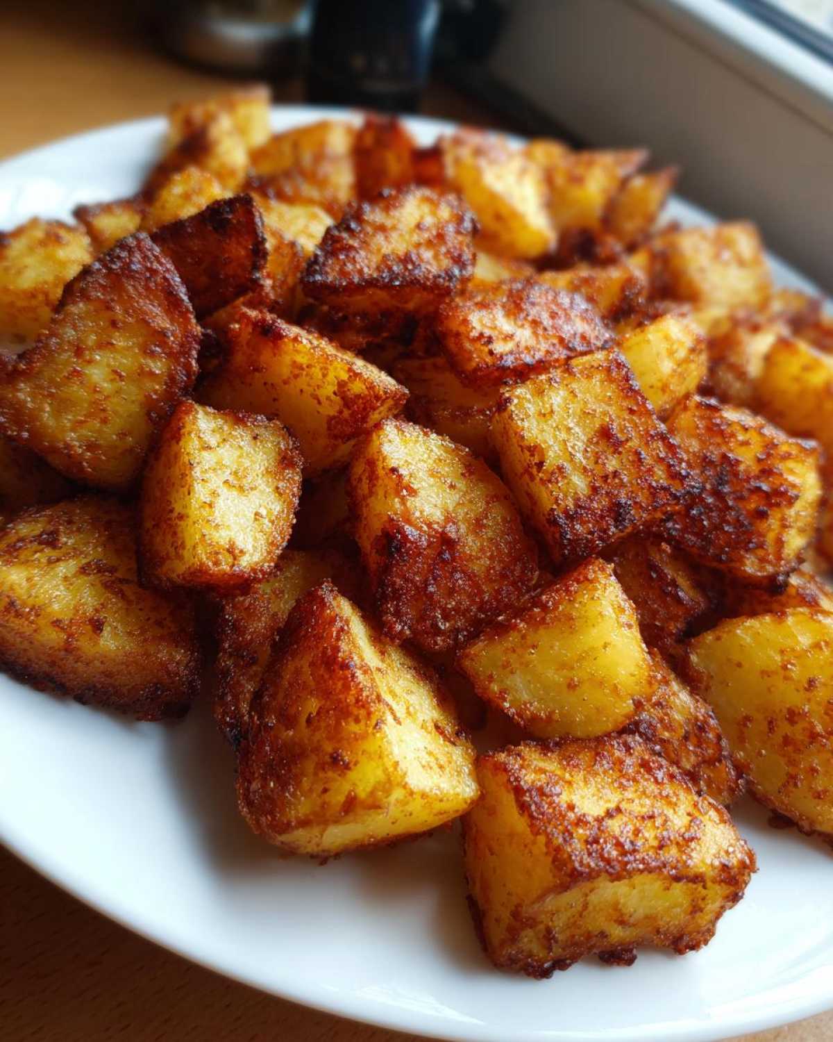 Close-up of perfectly roasted, golden-brown Mexican potatoes piled high on a white plate.