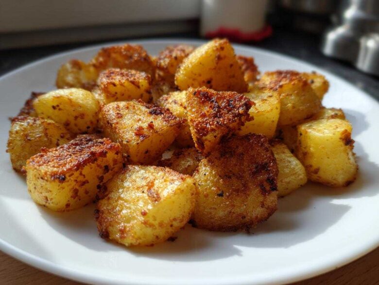 Close-up of perfectly roasted, crispy Mexican Potatoes seasoned with spices, served on a white plate.