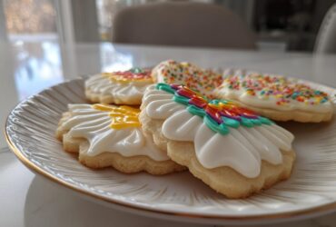 Close-up of decorated sugar cookies featuring white royal cookie icing recipe designs and sprinkles on a white plate.