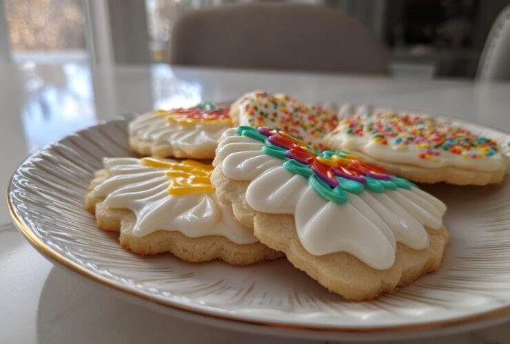 Close-up of decorated sugar cookies featuring white royal cookie icing recipe designs and sprinkles on a white plate.