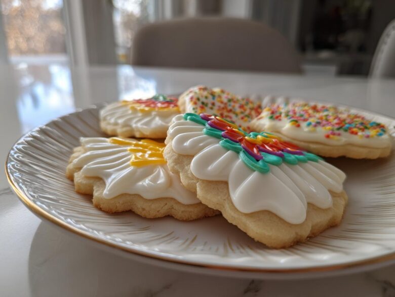 Close-up of decorated sugar cookies featuring white royal cookie icing recipe designs and sprinkles on a white plate.