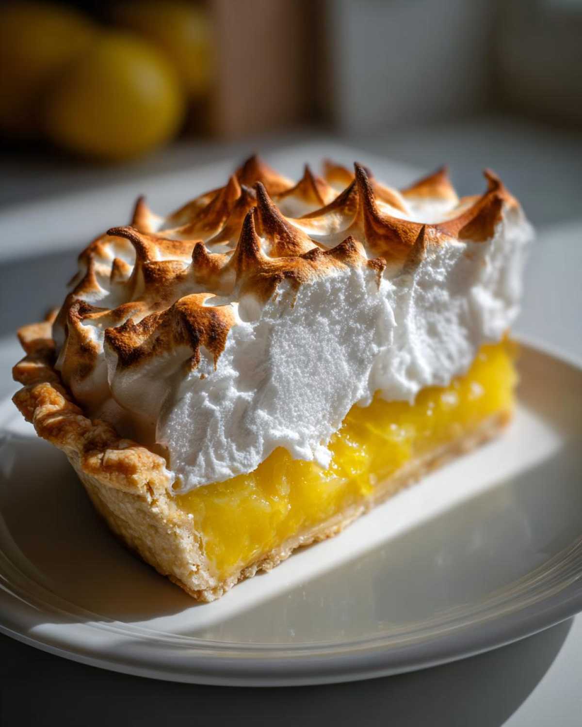 A perfect slice of lemon meringue pie showing bright yellow filling, flaky crust, and dramatically torched white meringue peaks.