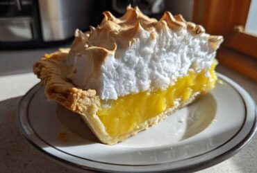 A close-up of a tall slice of lemon meringue pie showing bright yellow filling, flaky crust, and peaks of toasted meringue.