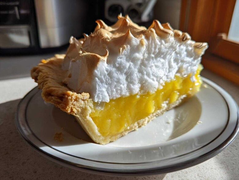 A close-up of a tall slice of lemon meringue pie showing bright yellow filling, flaky crust, and peaks of toasted meringue.