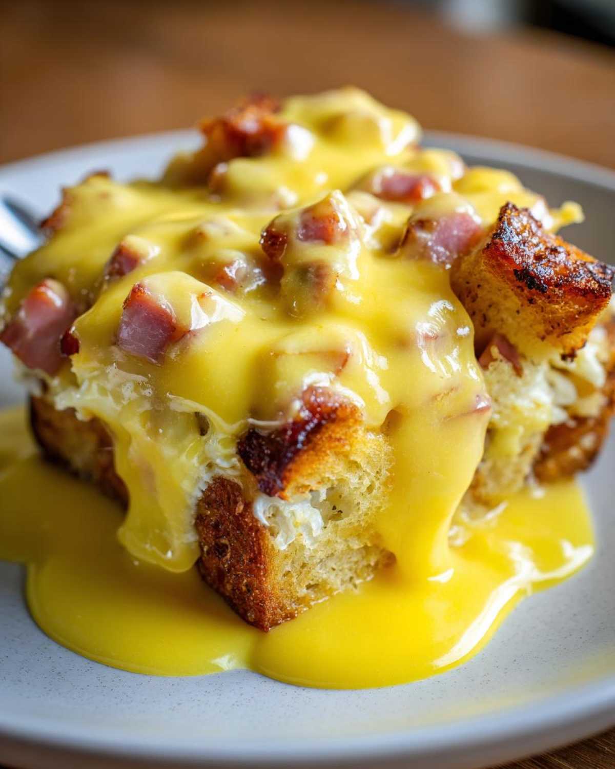 Close-up of a serving of eggs benedict casserole topped generously with bright yellow hollandaise sauce and ham pieces.