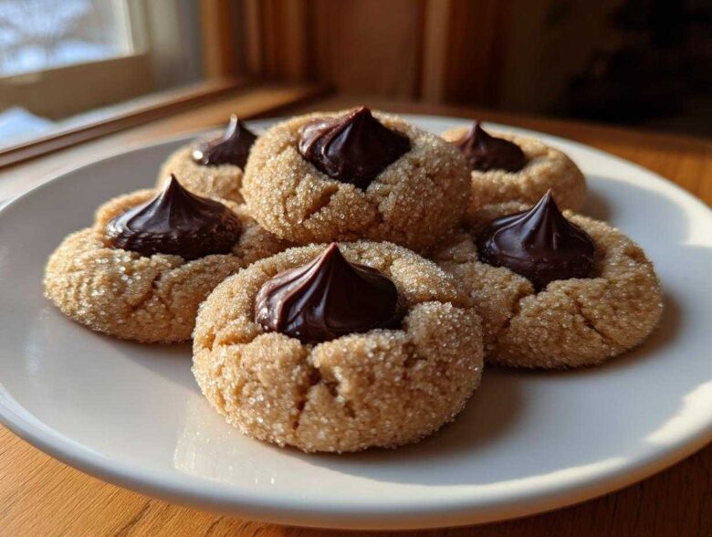 Five classic peanut butter blossom cookies, rolled in sugar and topped with a chocolate kiss, arranged on a white plate.