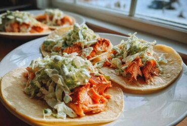 Close-up of three delicious salmon tacos filled with flaked salmon and topped with creamy green slaw.
