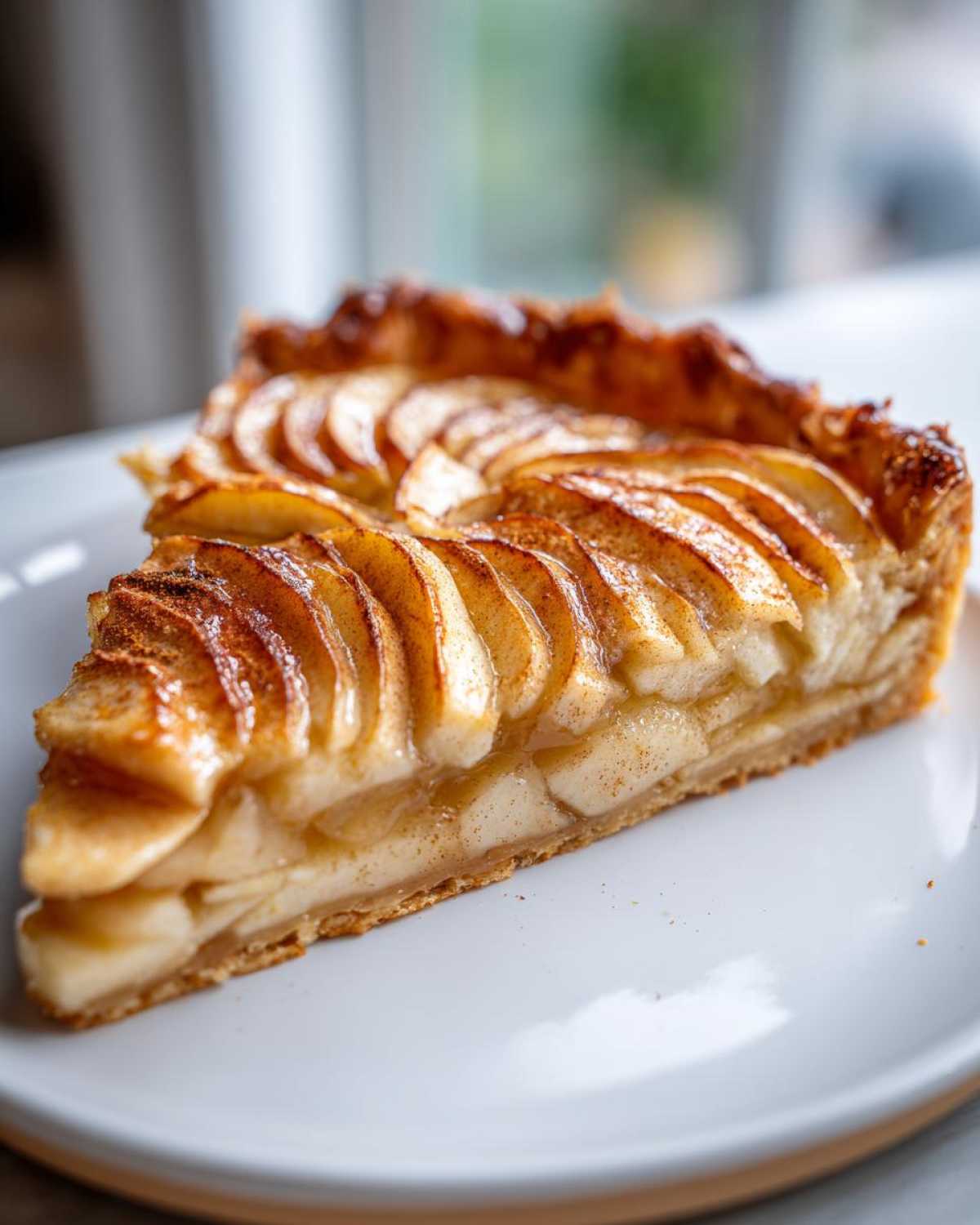Close-up of a perfect slice of apple tart showing layered, thinly sliced apples dusted with cinnamon on a white plate.