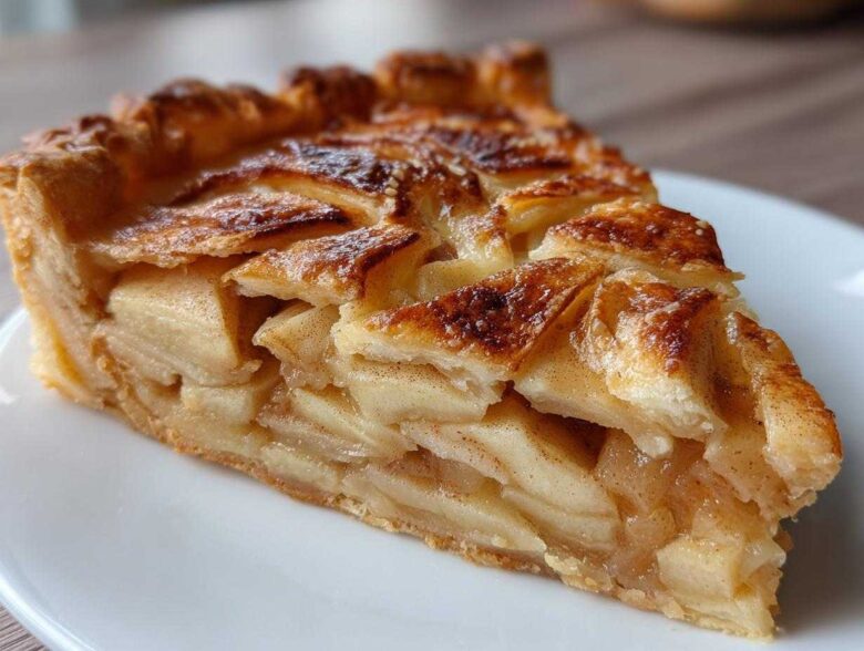 Close-up of a thick slice of golden brown apple tart showing flaky crust and layered cinnamon-spiced apples.