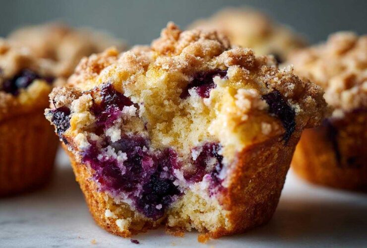Close-up of a fluffy blueberry muffin cut in half, showing moist cake and burst blueberries, topped with streusel.