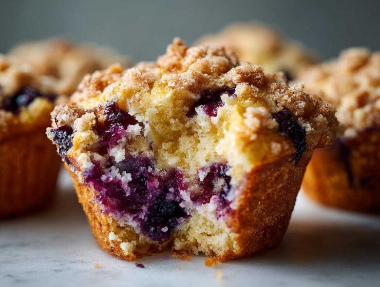 Close-up of a fluffy blueberry muffin cut in half, showing moist cake and burst blueberries, topped with streusel.