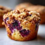 Close-up of a fluffy blueberry muffin featuring visible, juicy blueberries and a golden brown streusel crumb topping.
