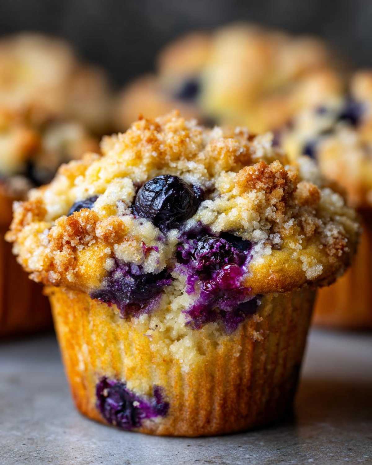 Close-up of a fluffy blueberry muffin featuring a golden crumb topping and bursting blueberries.