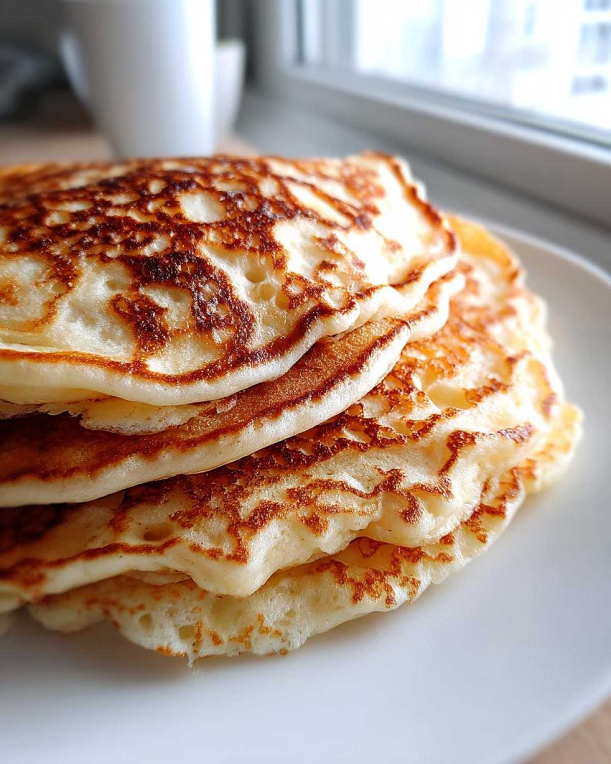 A close-up stack of three fluffy discard pancakes with golden-brown lacy edges on a white plate.