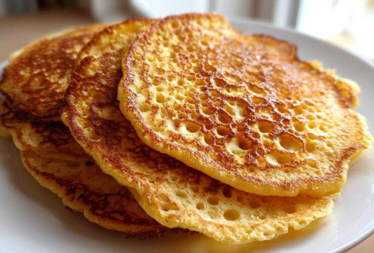 Close-up of a stack of fluffy discard pancakes showing lacy, hole-filled texture and golden-brown edges.