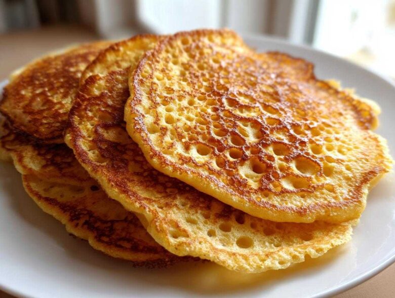 Close-up of a stack of fluffy discard pancakes showing lacy, hole-filled texture and golden-brown edges.