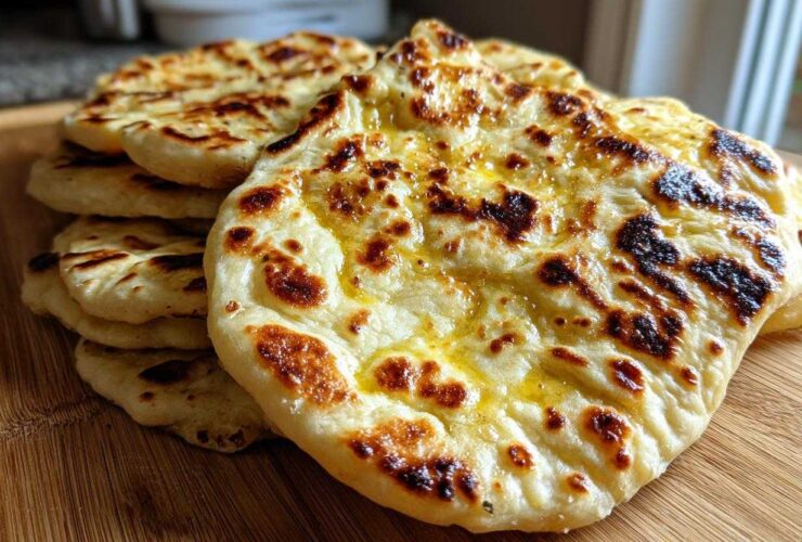 A stack of freshly cooked, fluffy homemade naan bread brushed with melted butter, showing charred spots.