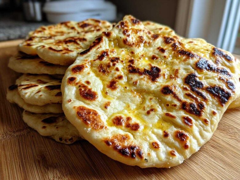 A stack of freshly cooked, fluffy homemade naan bread brushed with melted butter, showing charred spots.