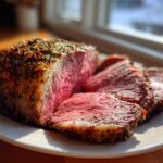 Close-up of a perfectly cooked prime rib recipe roast, sliced to show a medium-rare pink center and herb crust.