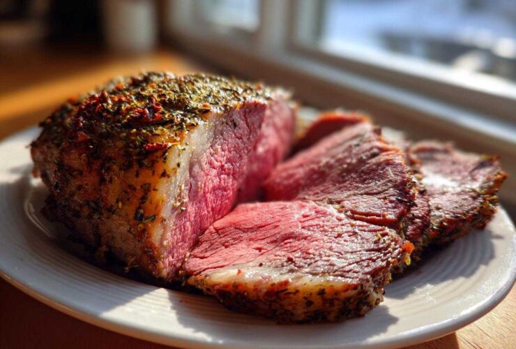 Close-up of a perfectly cooked prime rib recipe roast, sliced to show a medium-rare pink center and herb crust.