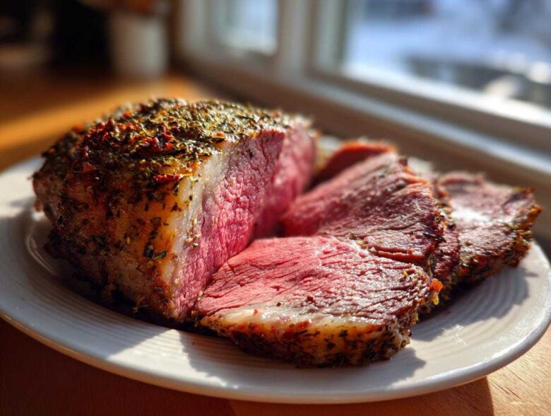 Close-up of a perfectly cooked prime rib recipe roast, sliced to show a medium-rare pink center and herb crust.