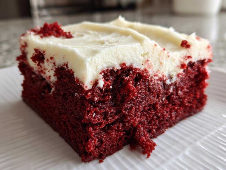 Close-up of a rich, fudgy red velvet brownies square topped with thick cream cheese frosting.