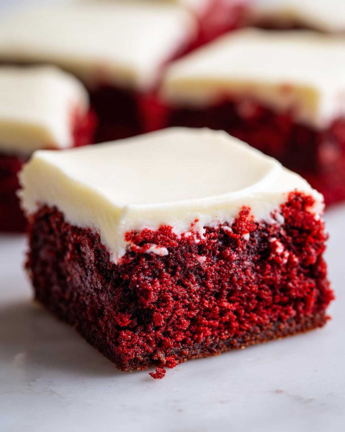 Close-up of a fudgy red velvet brownies square topped with thick white cream cheese frosting.