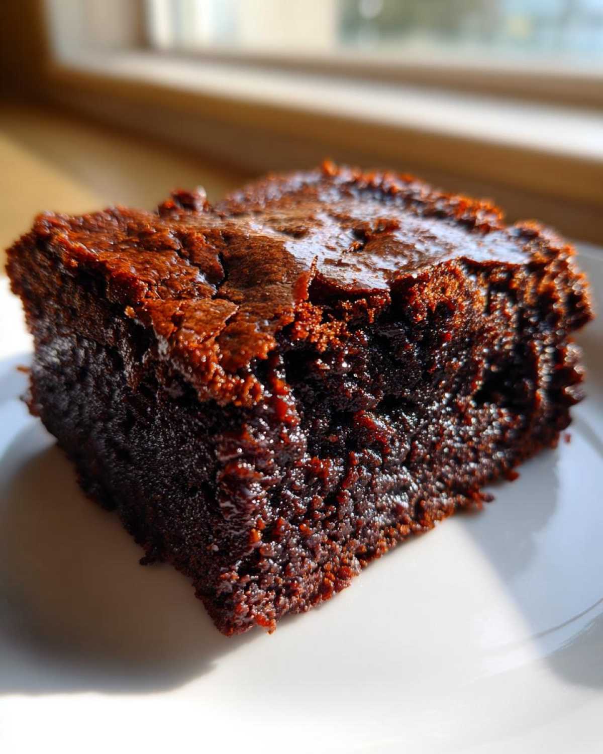 A close-up, fudgy square of vegan date brownies sitting on a white plate, highlighted by natural light.