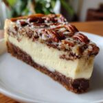 A thick slice of german chocolate cheesecake featuring a creamy layer, chocolate crust, and pecan topping.