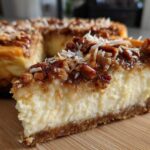 Close-up of a slice of german chocolate cheesecake showing creamy filling, pecan topping, and shredded coconut.