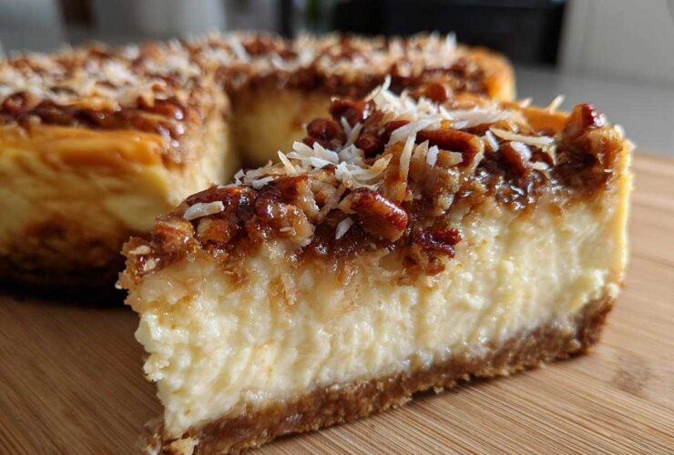 Close-up of a slice of german chocolate cheesecake showing creamy filling, pecan topping, and shredded coconut.