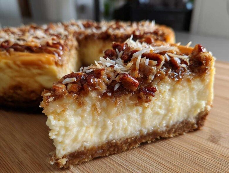 Close-up of a slice of german chocolate cheesecake showing creamy filling, pecan topping, and shredded coconut.