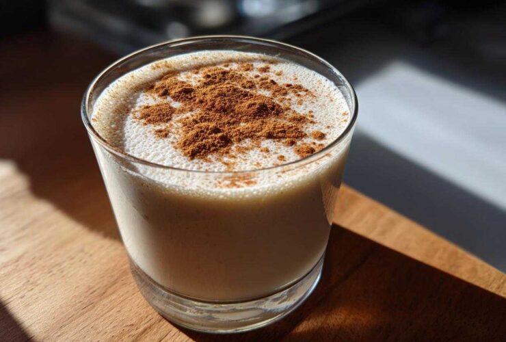 Close-up of a glass filled with creamy coquito, garnished generously with ground cinnamon on top.