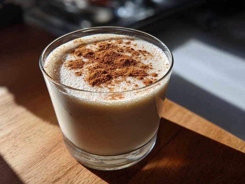 Close-up of a glass filled with creamy coquito, garnished generously with ground cinnamon on top.
