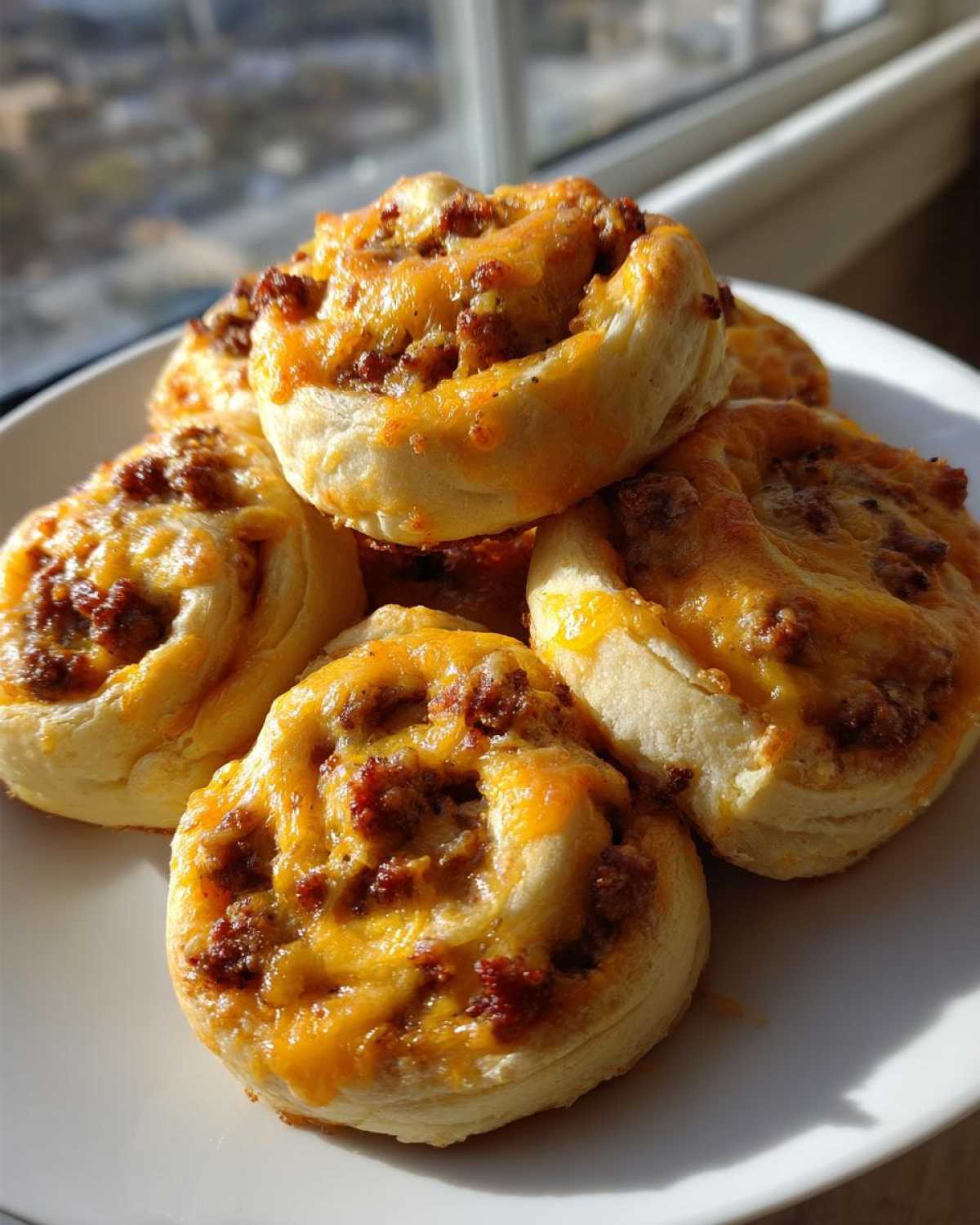 A stack of freshly baked sausage pinwheels topped with melted cheddar cheese on a white plate.
