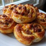 A pile of freshly baked, golden brown sausage pinwheels topped with melted cheese on a white plate.