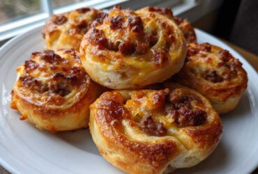 A pile of freshly baked, golden brown sausage pinwheels topped with melted cheese on a white plate.