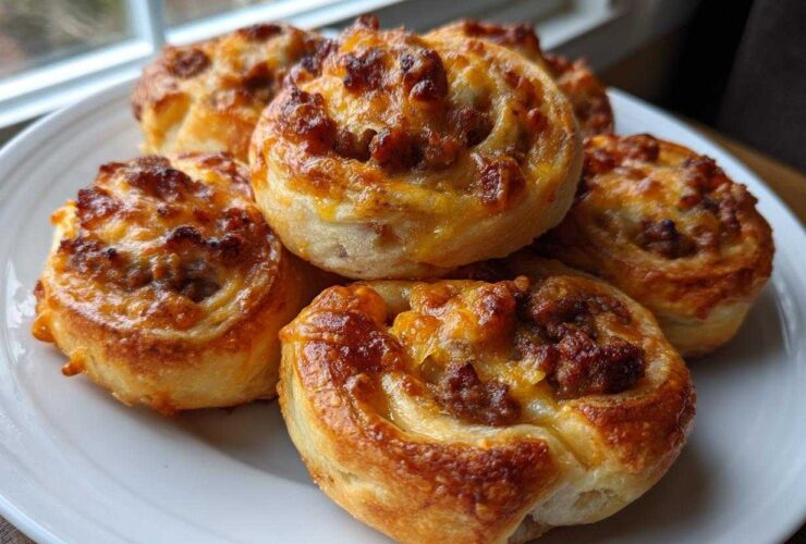 A pile of freshly baked, golden brown sausage pinwheels topped with melted cheese on a white plate.