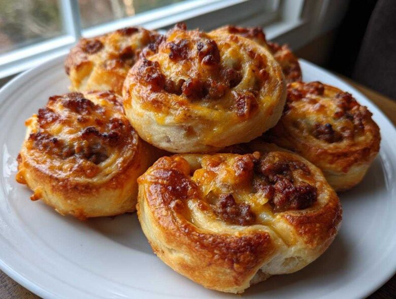 A pile of freshly baked, golden brown sausage pinwheels topped with melted cheese on a white plate.
