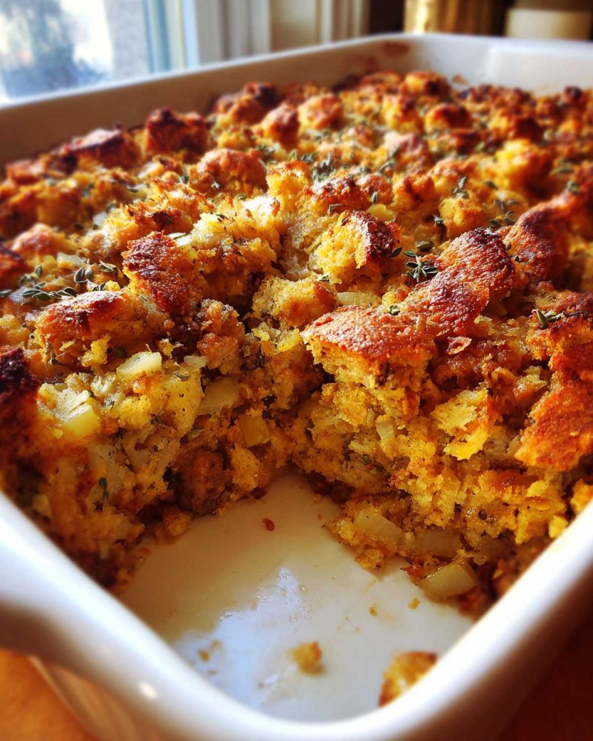 Close-up of baked sausage stuffing with a crispy top, showing a portion scooped out of the white baking dish.