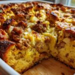 Close-up of a golden-brown, baked sausage stuffing casserole with visible chunks of sausage and herbs.