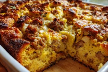 Close-up of a golden-brown, baked sausage stuffing casserole with visible chunks of sausage and herbs.