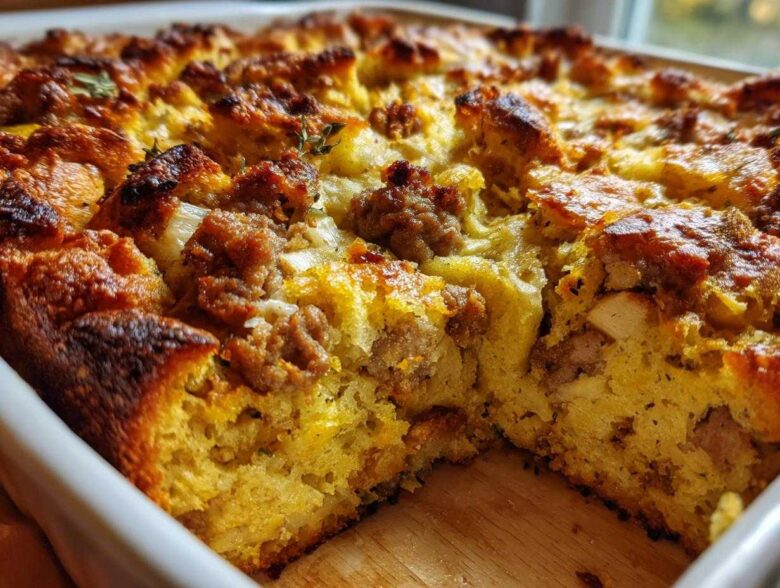 Close-up of a golden-brown, baked sausage stuffing casserole with visible chunks of sausage and herbs.