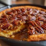 Close-up of a warm pecan pie cobbler recipe baked in a cast iron skillet with a piece removed showing gooey filling.
