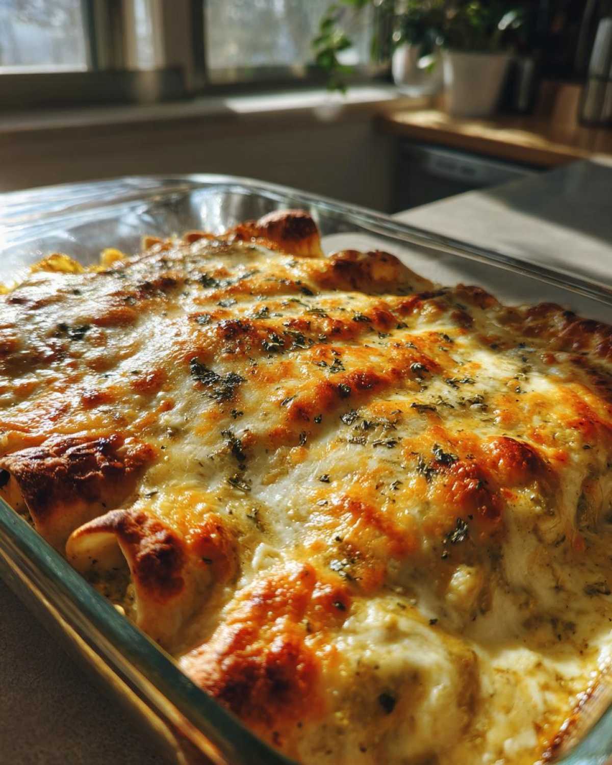 Close-up of baked green chile chicken enchiladas covered in melted, browned cheese and herbs.