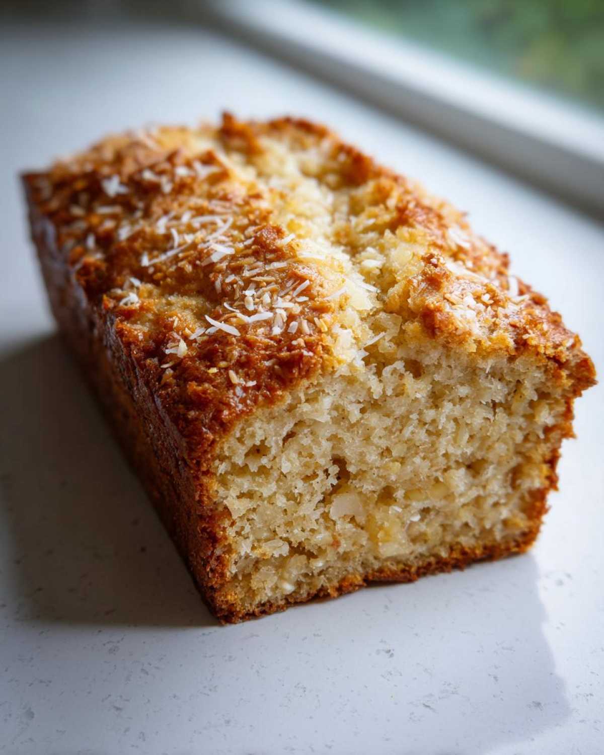 Close-up of a freshly baked, golden brown hawaiian banana bread loaf topped with toasted coconut flakes.
