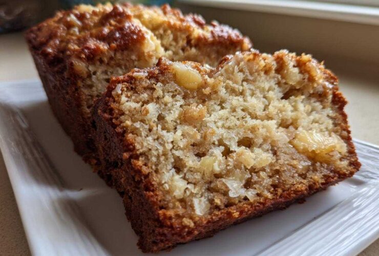 Close-up of a moist slice of Hawaiian banana bread showing the crumb texture and fruit pieces.