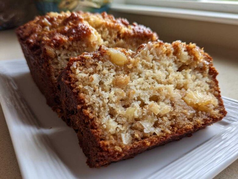 Close-up of a moist slice of Hawaiian banana bread showing the crumb texture and fruit pieces.